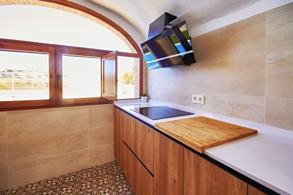 Kitchen and dining space inside the cave house