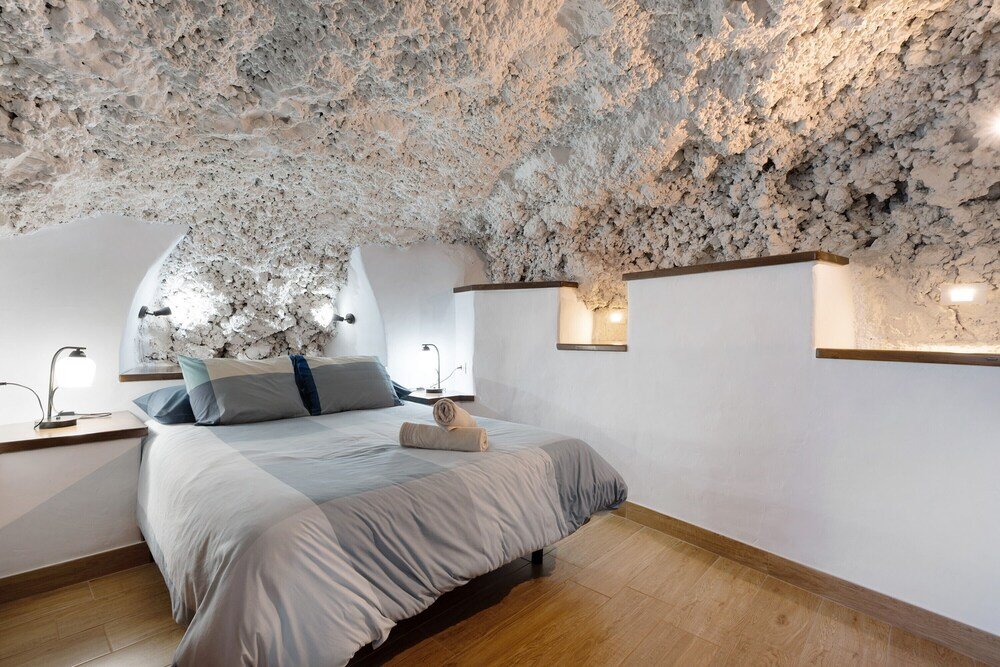 Living room inside the cave apartment in Tijarafe