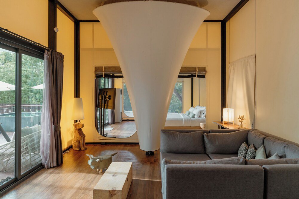 Rooftop terrace at Te Mata Glamping Khao Yai with countryside views